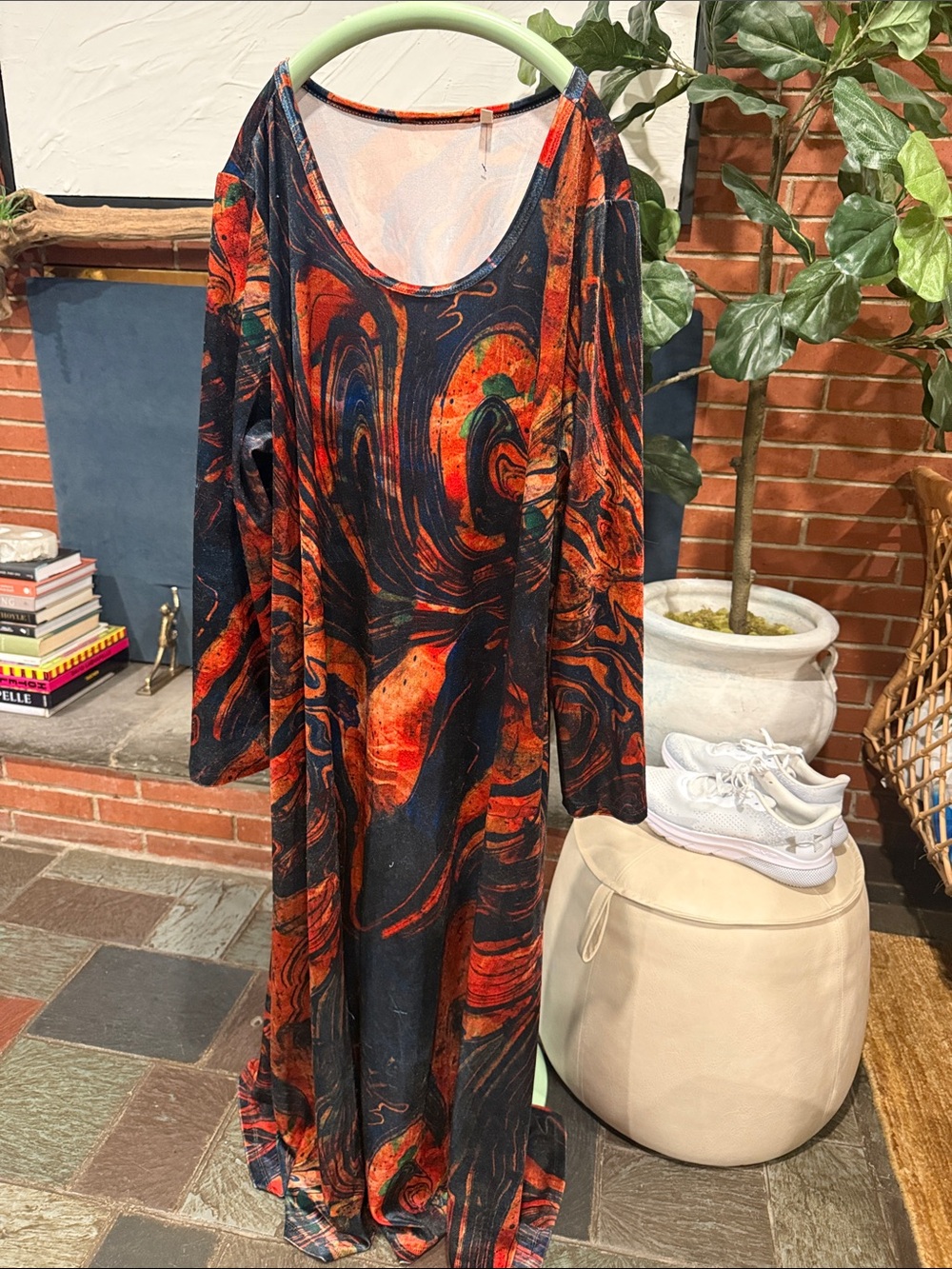 Soft Surroundings Long Sleeve Scoop-Neck Maxi Dress in Black & Orange Swirl